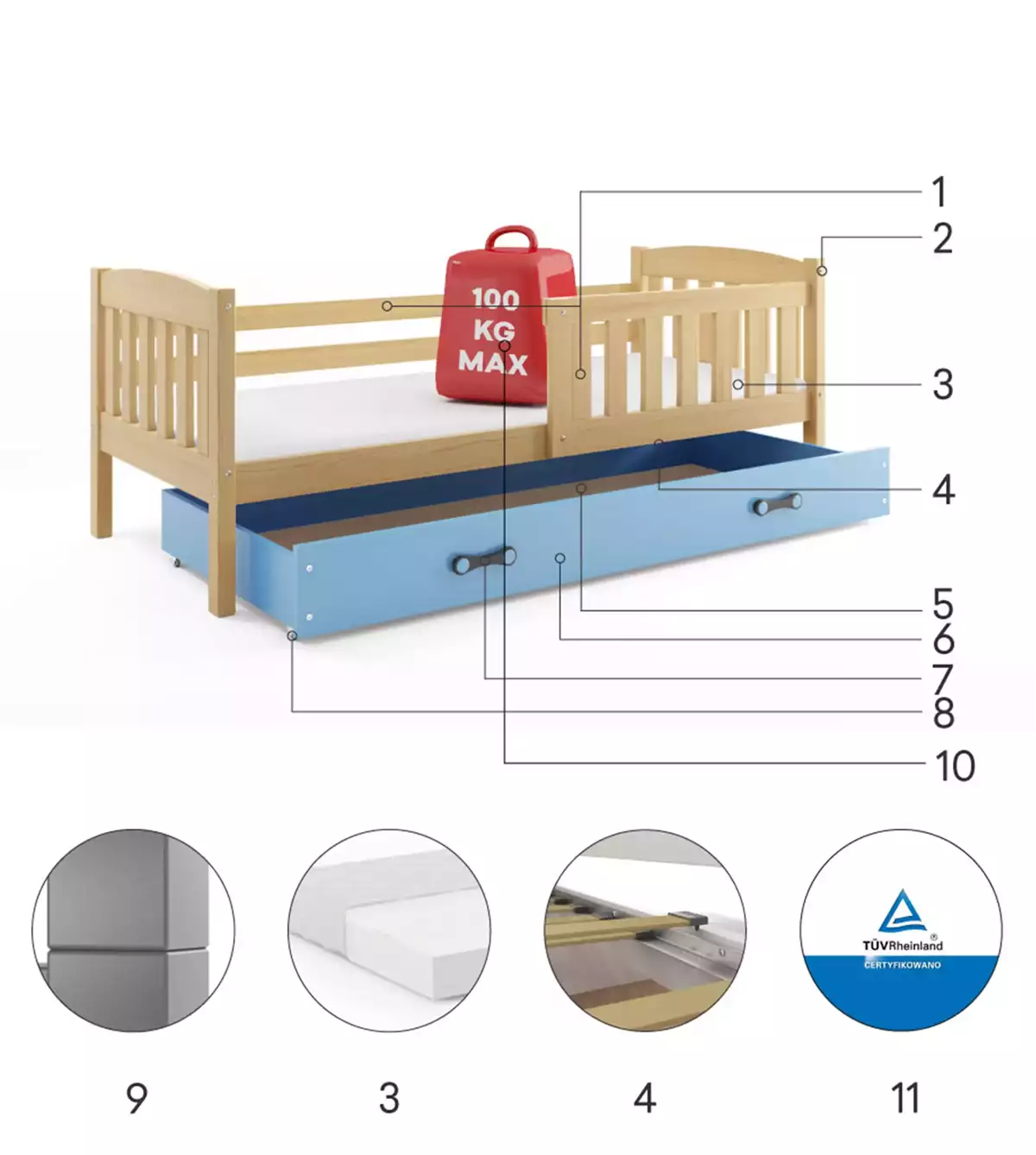 Composants pour Lit ado simple Jacquot 90X190 avec tiroir, pin/bleu