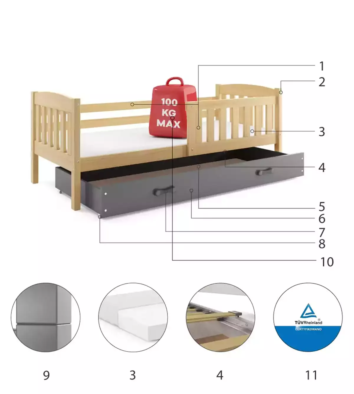 Composants pour Lit ado simple Jacquot 90X190 avec tiroir, pin/gris