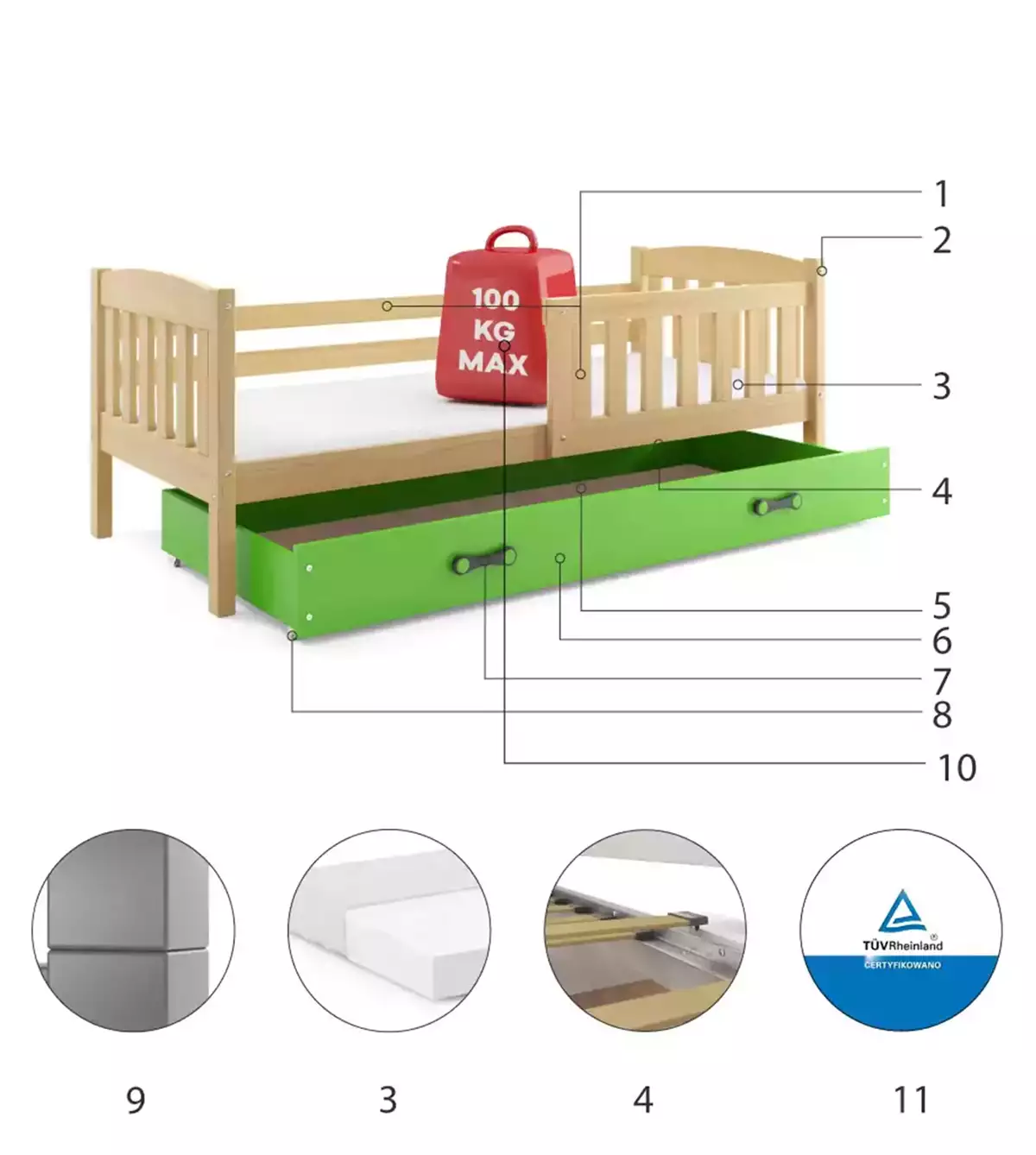 Composants pour Lit ado simple Jacquot 90X190 avec tiroir, pin/vert