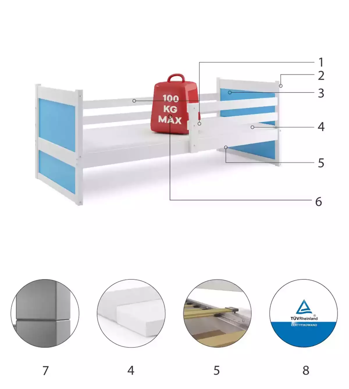 Composants pour Lit ado simple Rico 90X190 avec matelas, blanc/bleu