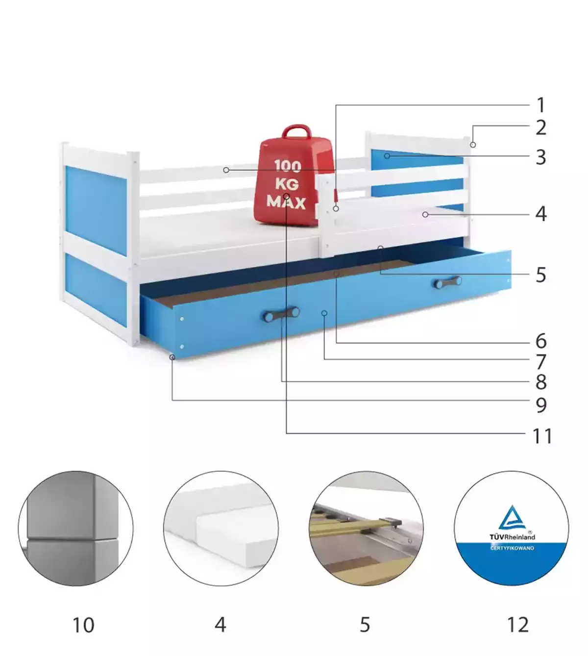 Composants pour Lit ado simple Rico 90X190 avec matelas et tiroir, blanc/bleu