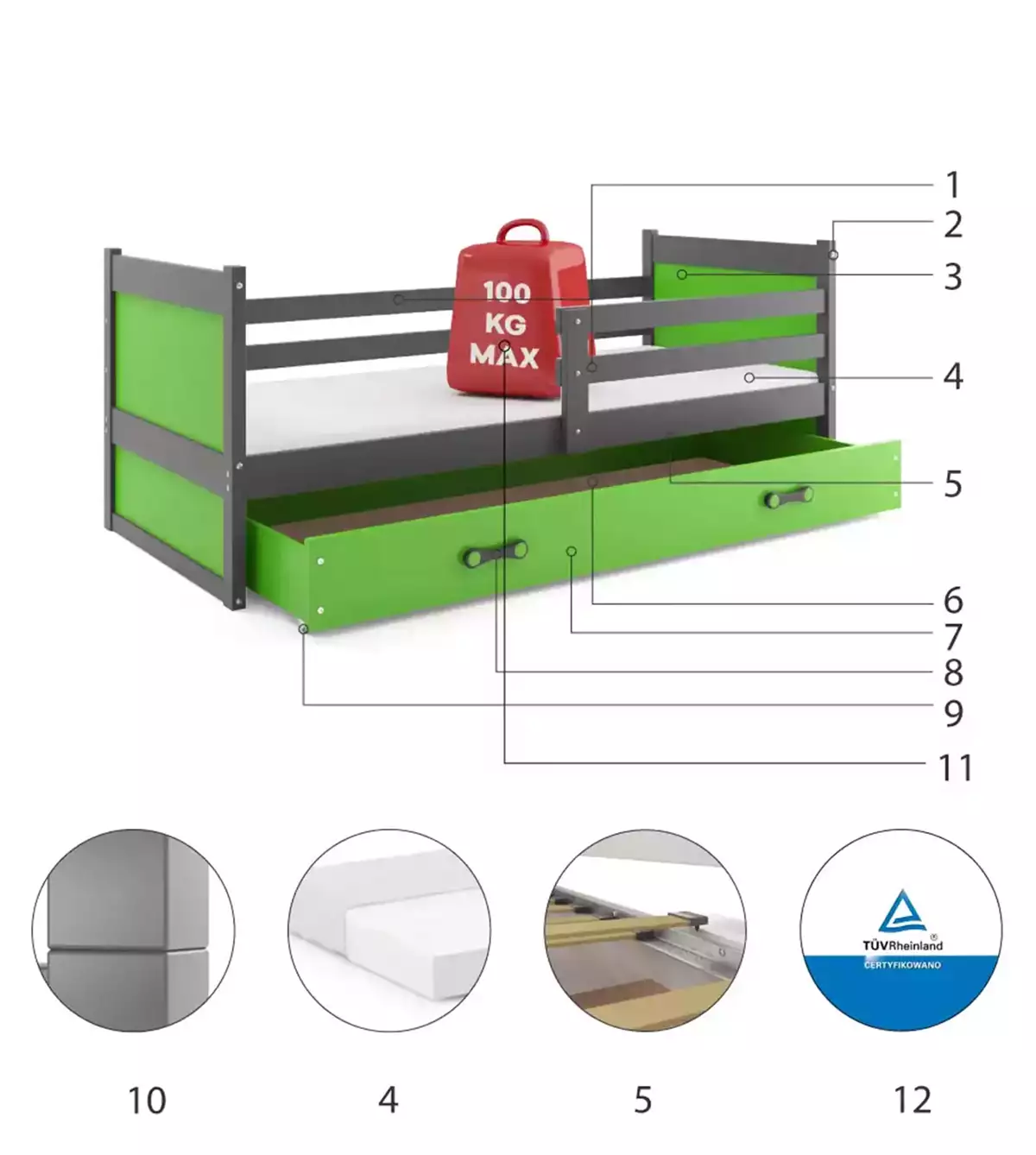 Composants pour Lit ado simple Rico 90X190 avec matelas et tiroir, gris/vert