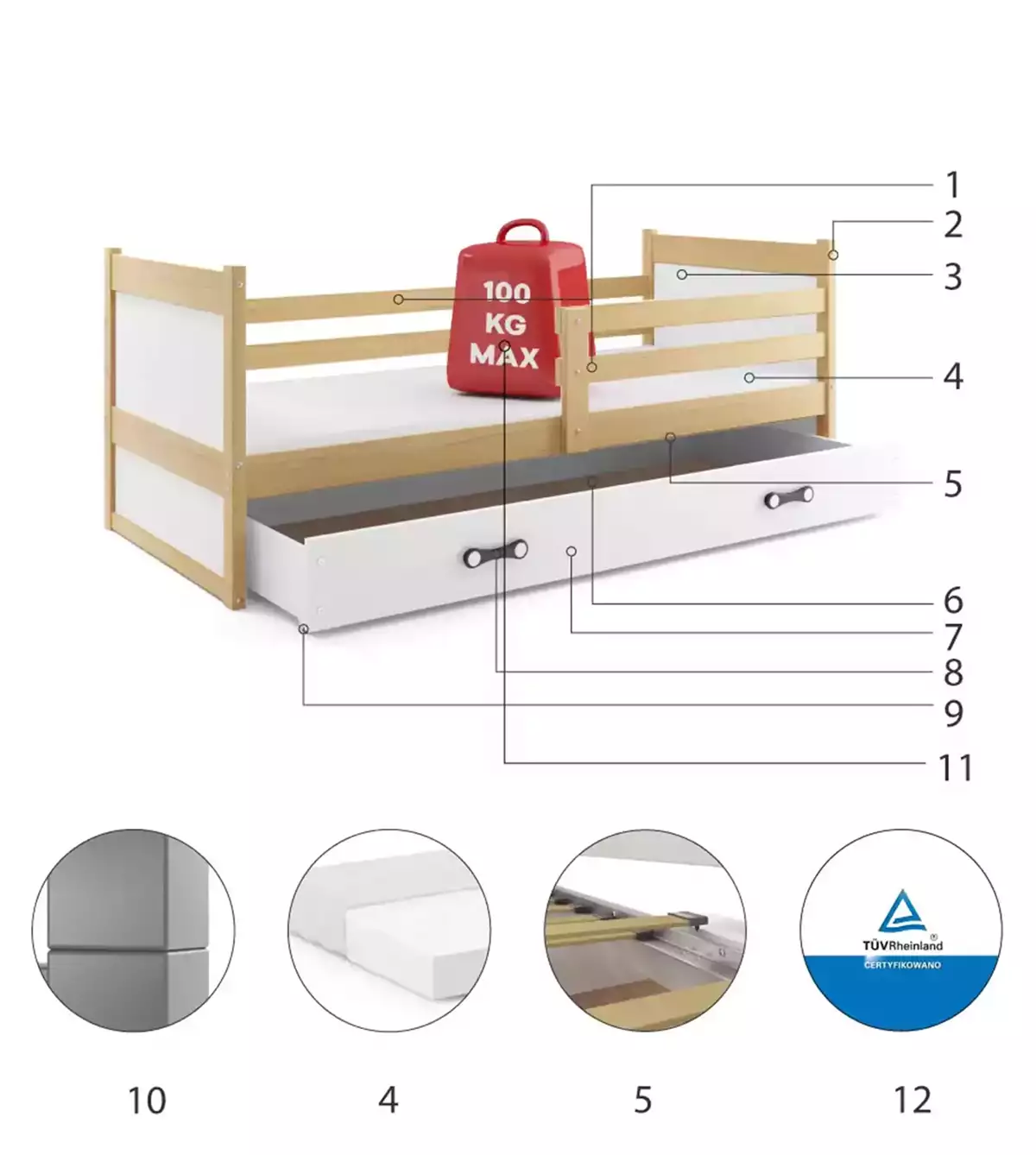 Composants pour Lit ado simple Rico 90X190 avec matelas et tiroir, pin/blanc