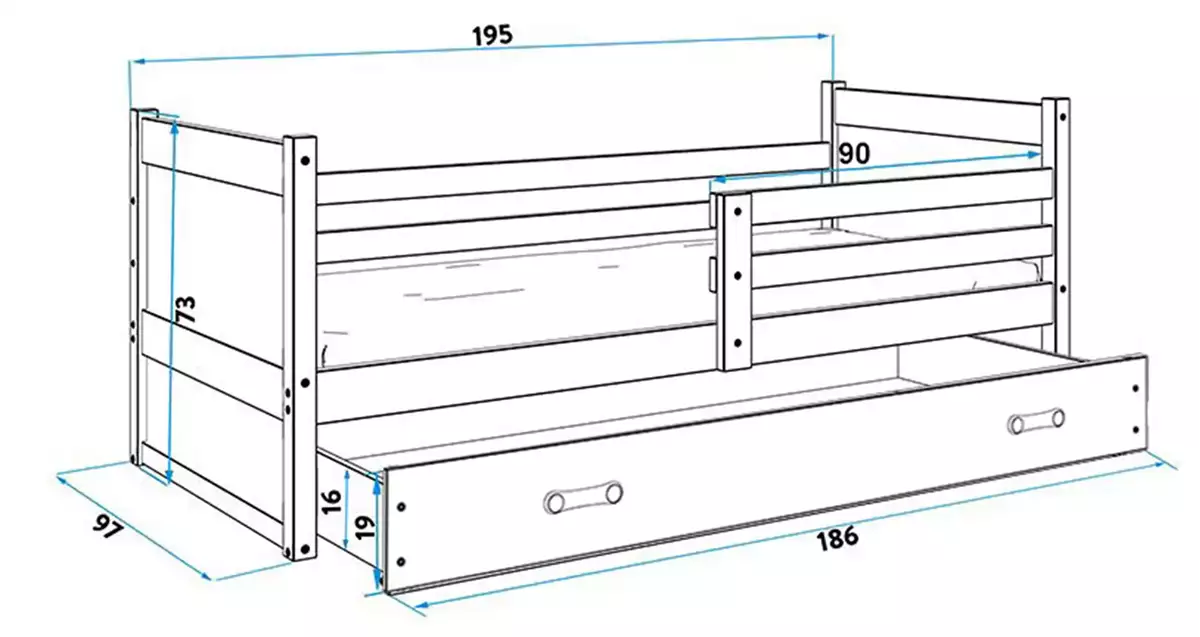 Dimensions et spécifications pour Lit ado simple Rico 90X190 avec matelas et tiroir, pin/bleu