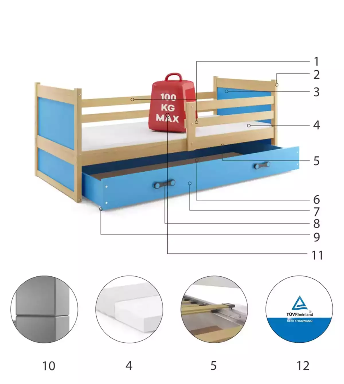 Composants pour Lit ado simple Rico 90X190 avec matelas et tiroir, pin/bleu