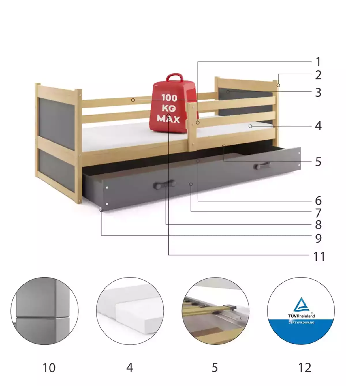 Composants pour Lit ado simple Rico 90X190 avec matelas et tiroir, pin/gris Composants pour Lit ado simple Rico 90X190 avec matelas et tiroir, pin/gris