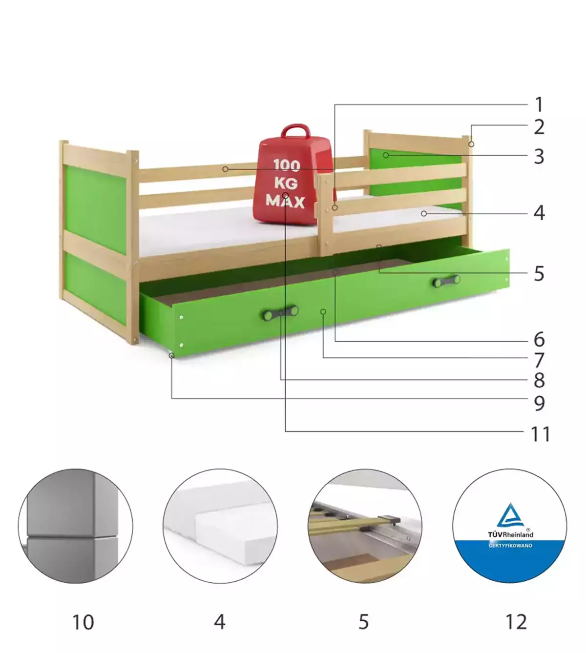 Composants pour Lit ado simple Rico 90X190 avec matelas et tiroir, pin/vert
