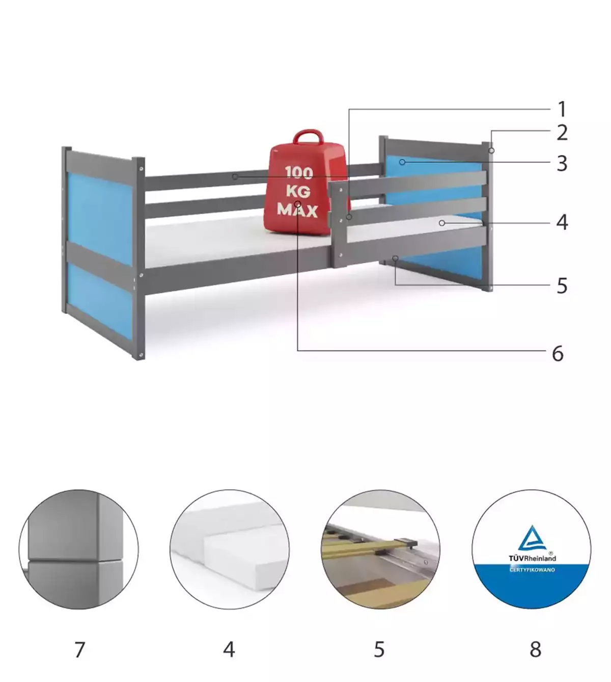 Composants pour Lit ado simple Rico 90X190 avec matelas, gris/bleu Composants pour Lit ado simple Rico 90X190 avec matelas, gris/bleu