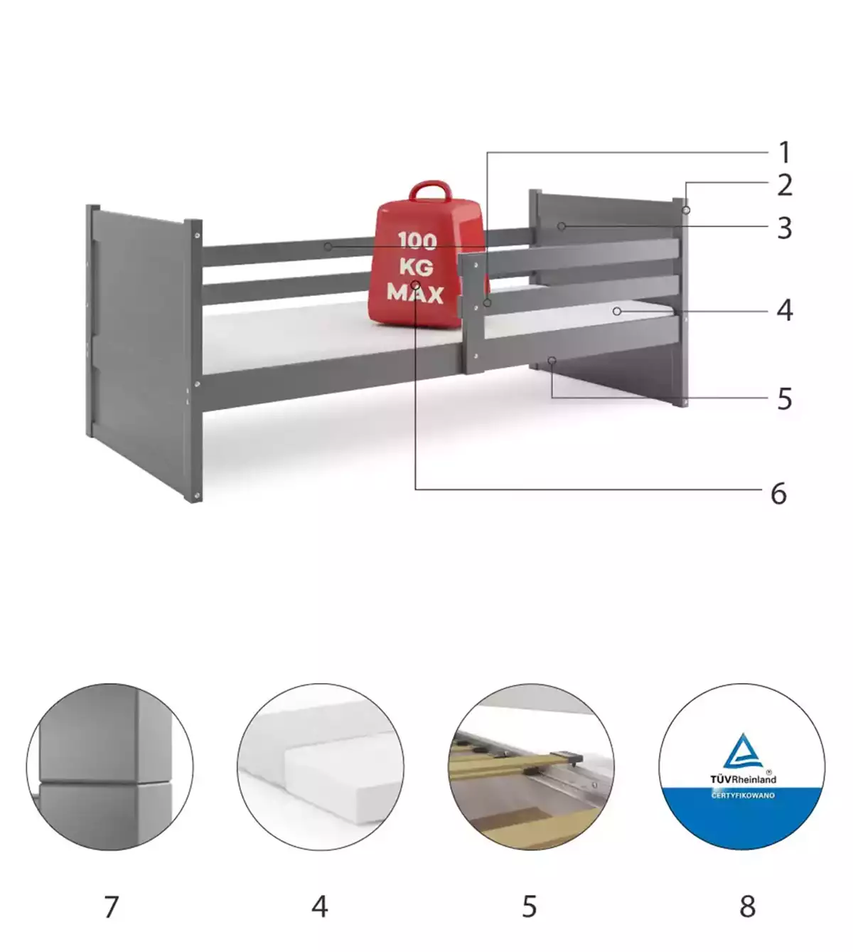 Composants pour Lit ado simple Rico 90X190 avec matelas, gris