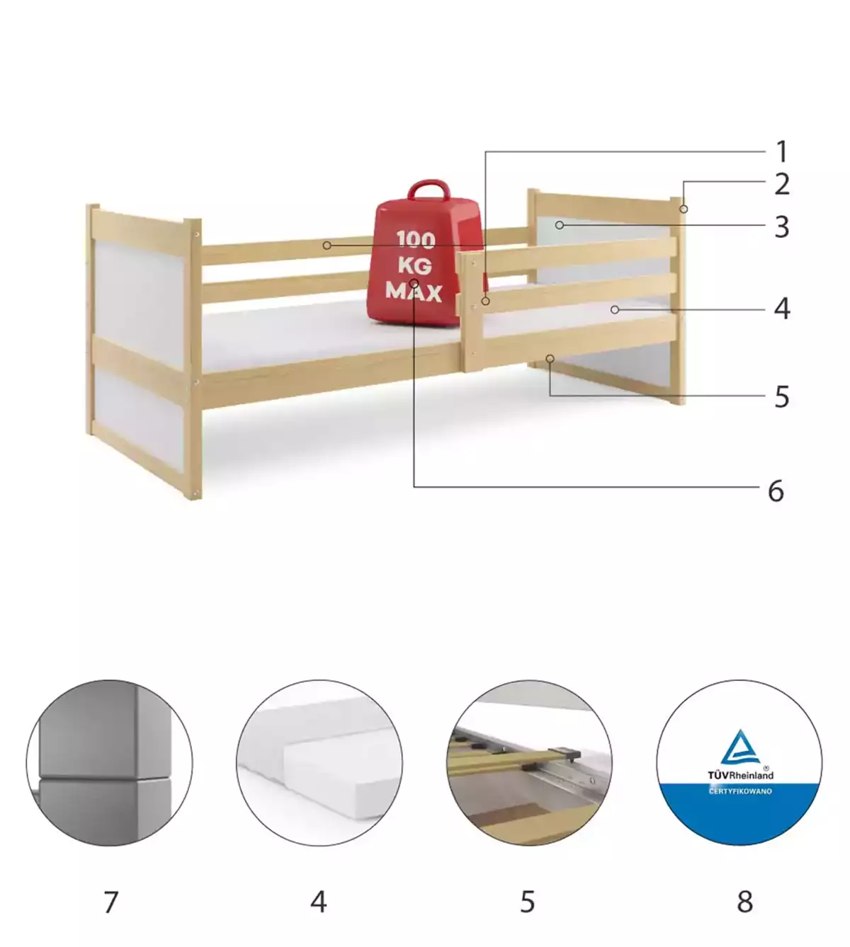 Composants pour Lit ado simple Rico 90X190 avec matelas, pin/blanc Composants pour Lit ado simple Rico 90X190 avec matelas, pin/blanc