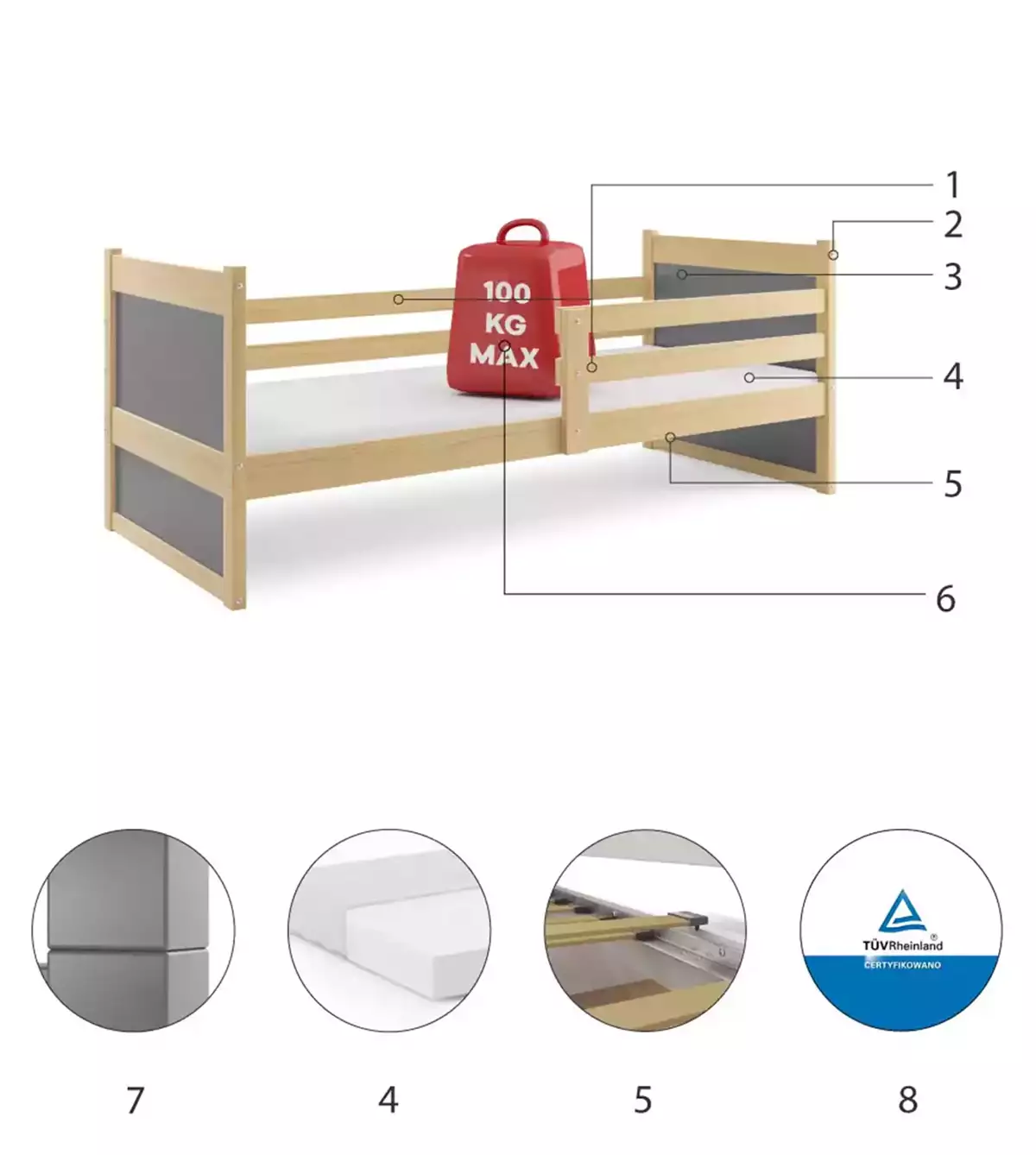 Composants pour Lit ado simple Rico 90X190 avec matelas, pin/gris