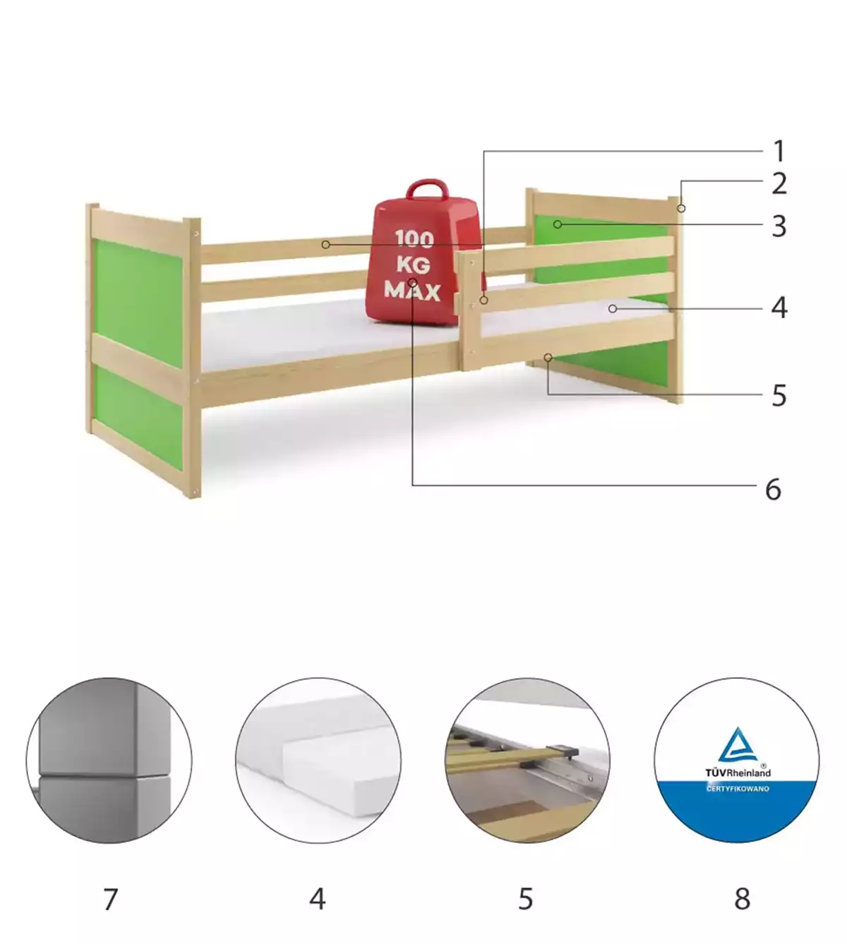 Composants pour Lit ado simple Rico 90X190 avec matelas, pin/vert