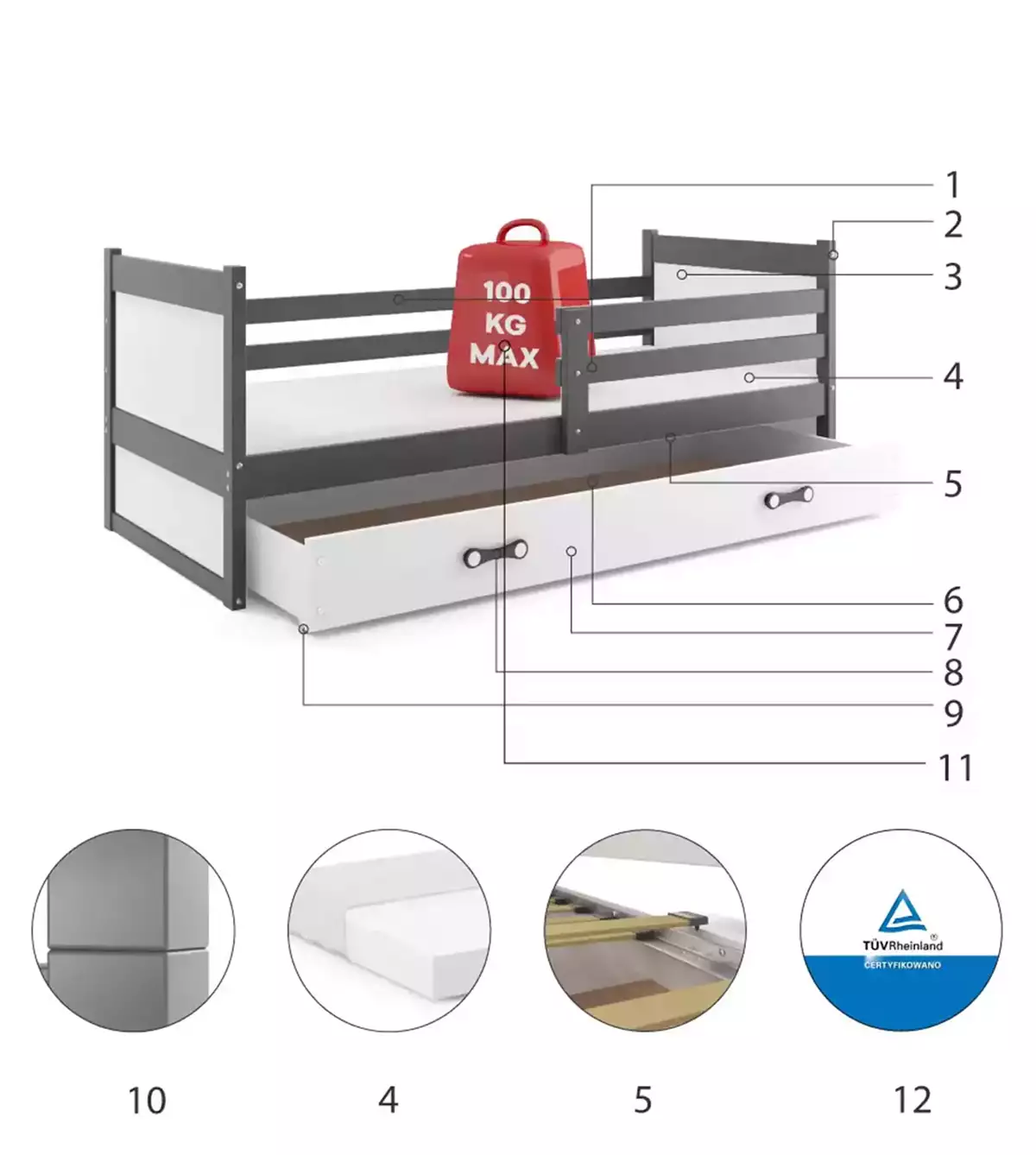 Composants pour Lit ado simple Rico 90X190 avec tiroir, gris/blanc Composants pour Lit ado simple Rico 90X190 avec tiroir, gris/blanc