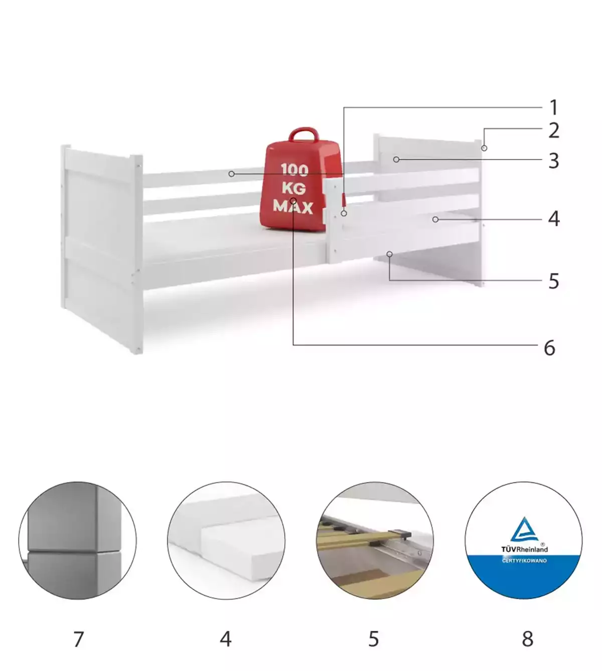 Composants pour Lit ado simple Rico 90X190, blanc Composants pour Lit ado simple Rico 90X190, blanc