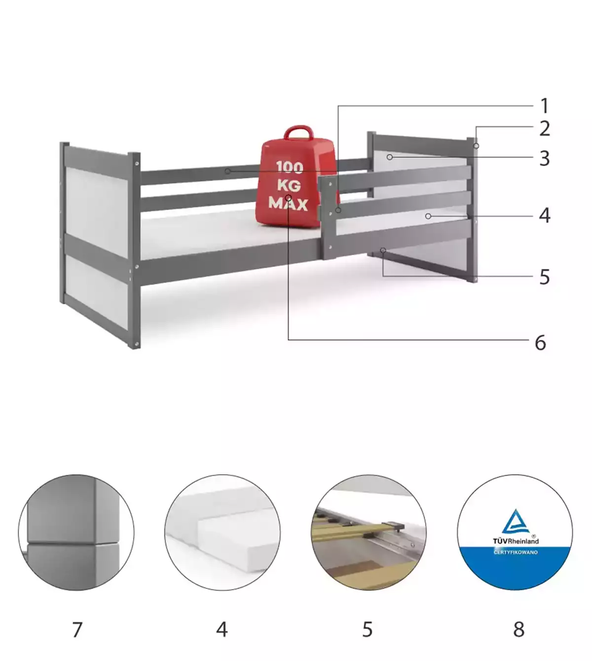 Composants pour Lit ado simple Rico 90X190, gris/blanc Composants pour Lit ado simple Rico 90X190, gris/blanc