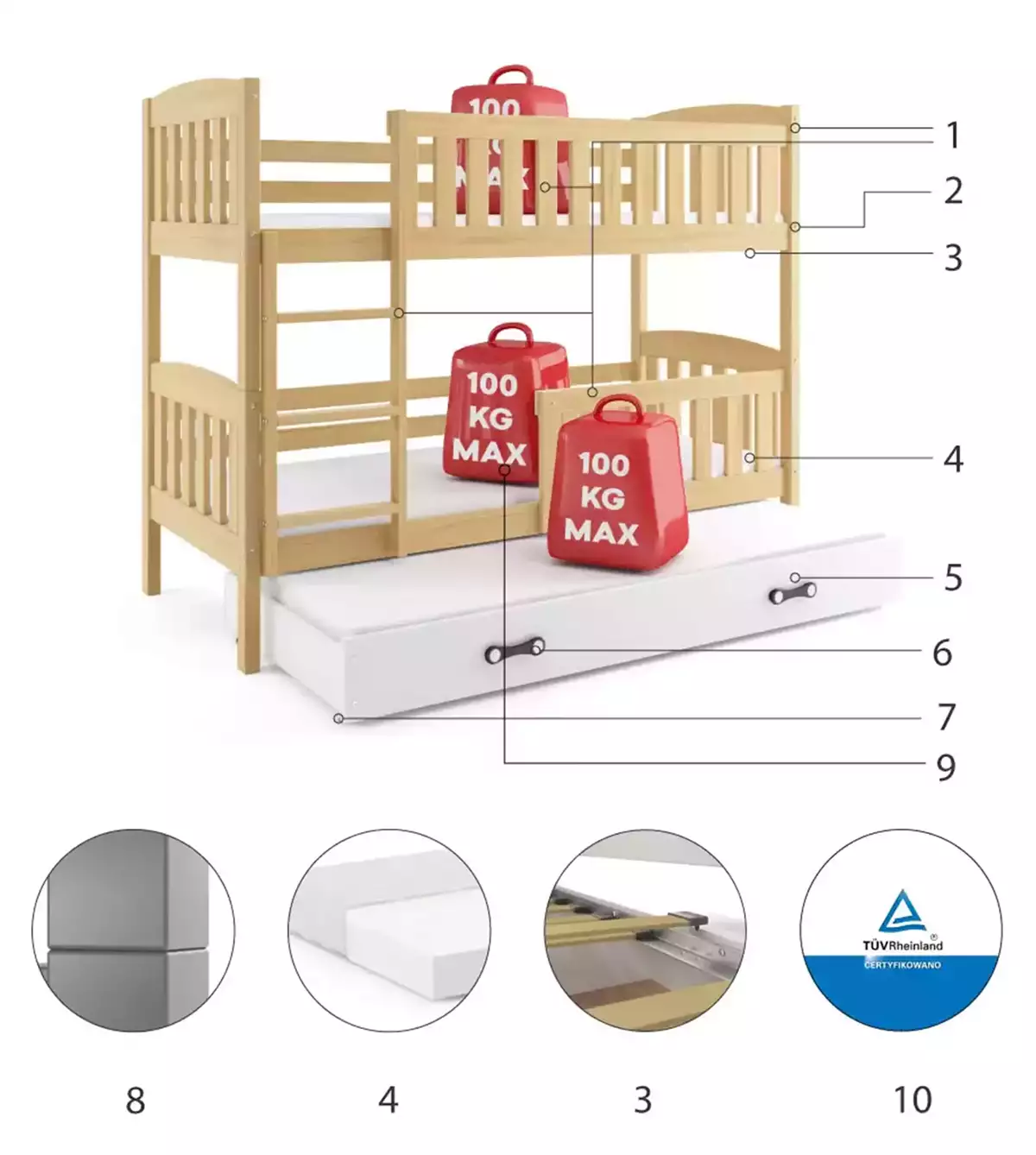 Composants pour Lit ado superposé 3 places Jacquot 90X190 avec matelas et tiroir, pin/blanc