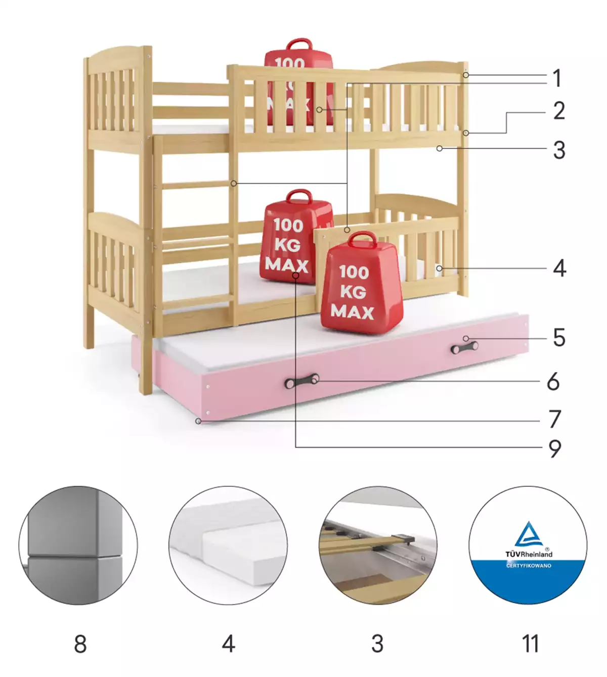 Composants pour Lit ado superposé 3 places Jacquot 90X190 avec matelas et tiroir, pin/rose