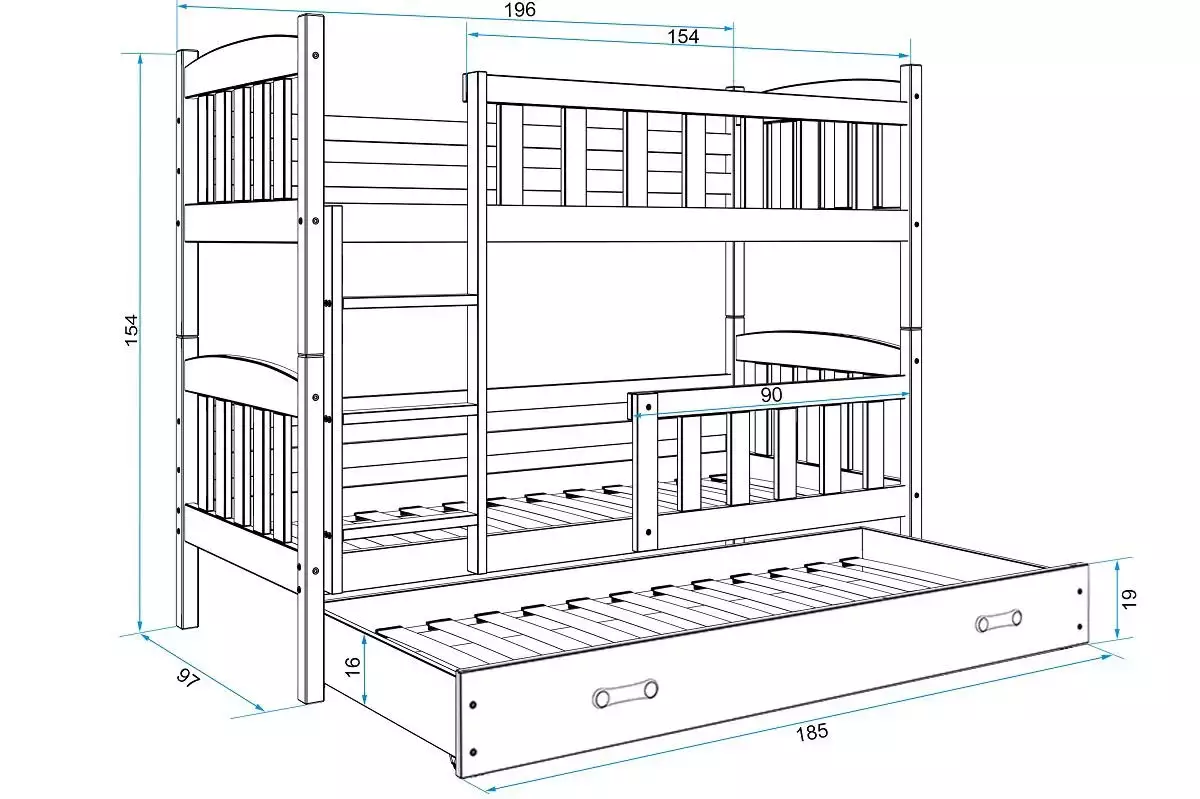 Dimensions et spécifications pour Lit ado superposé 3 places Jacquot 90X190 avec matelas et tiroir, pin/vert