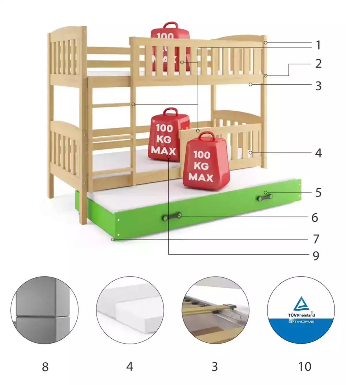 Composants pour Lit ado superposé 3 places Jacquot 90X190 avec matelas et tiroir, pin/vert