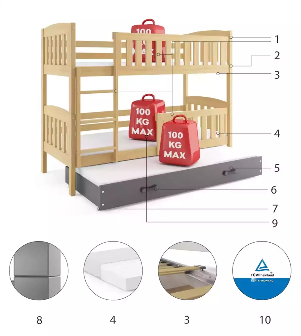 Composants pour Lit ado superposé 3 places Jacquot 90X190 avec tiroir, pin/gris