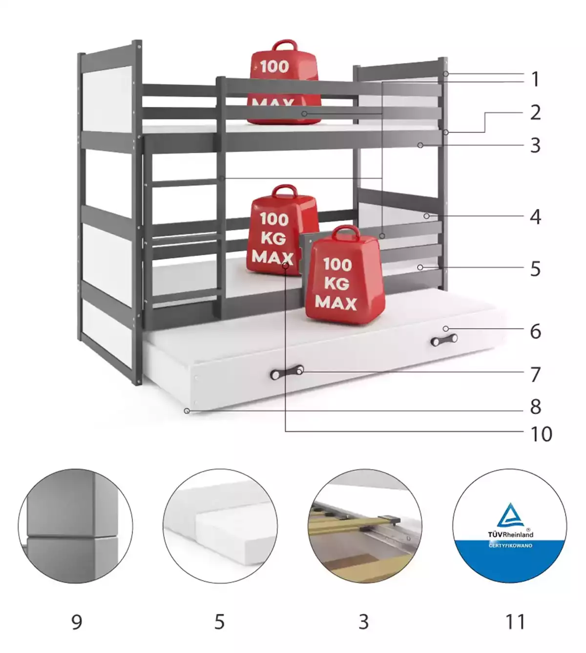 Composants pour Lit ado superposé 3 places Rico 90X190 avec matelas et tiroir, gris/blanc Composants pour Lit ado superposé 3 places Rico 90X190 avec matelas et tiroir, gris/blanc