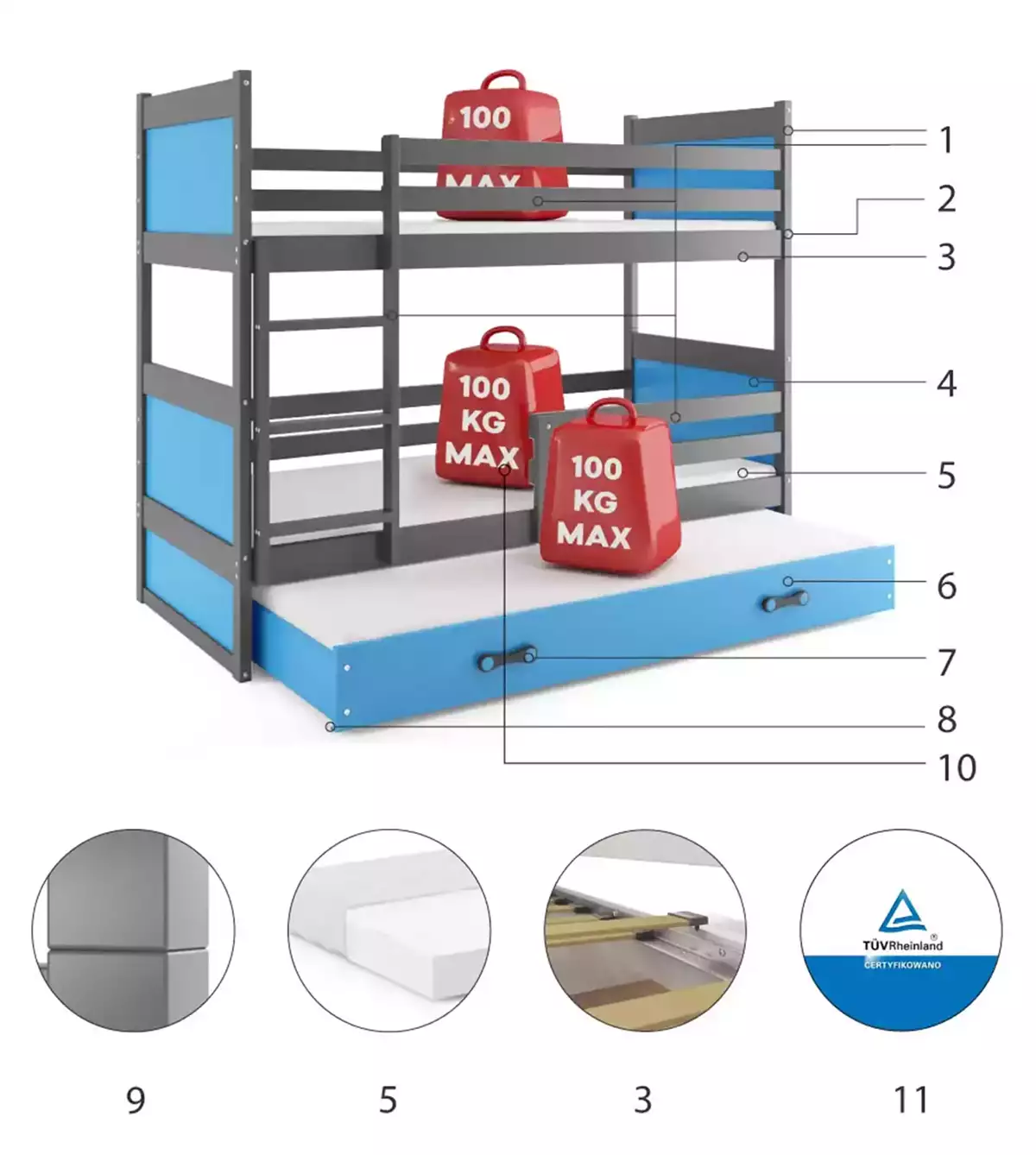 Composants pour Lit ado superposé 3 places Rico 90X190 avec matelas et tiroir, gris/bleu