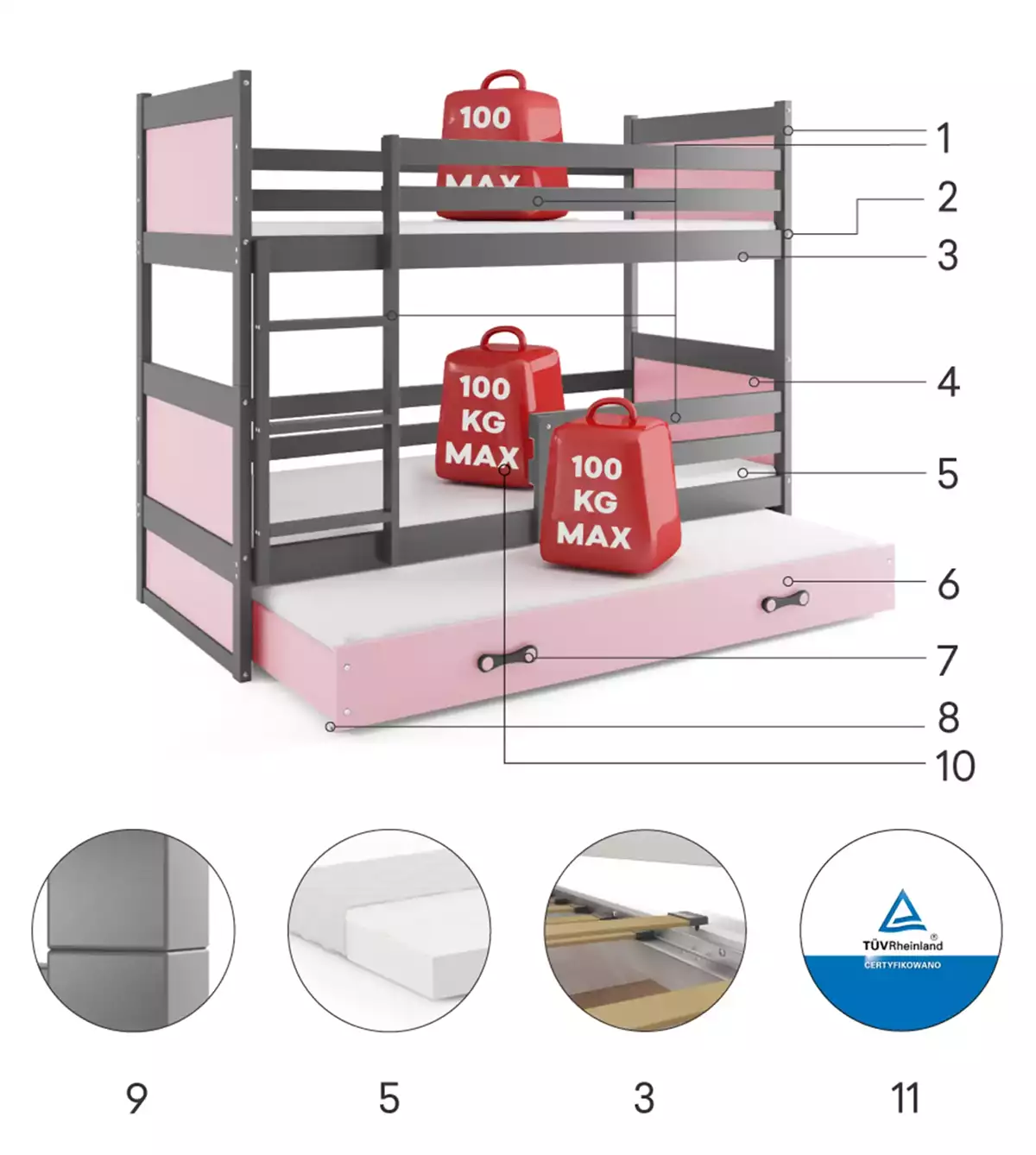 Composants pour Lit ado superposé 3 places Rico 90X190 avec matelas et tiroir, gris/rose