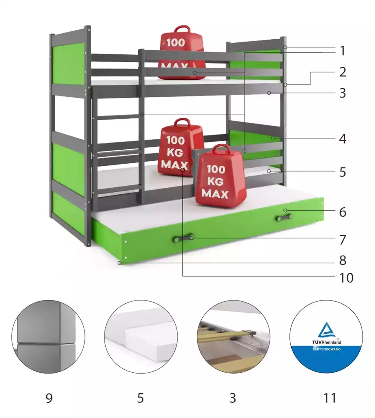 Composants pour Lit ado superposé 3 places Rico 90X190 avec matelas et tiroir, gris/vert