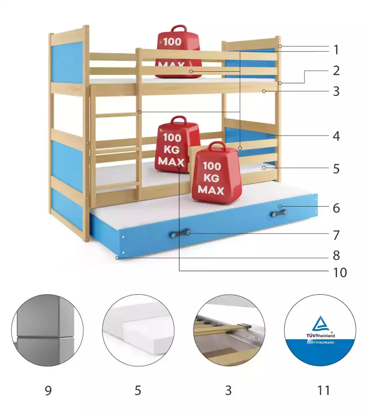 Composants pour Lit ado superposé 3 places Rico 90X190 avec matelas et tiroir, pin/bleu Composants pour Lit ado superposé 3 places Rico 90X190 avec matelas et tiroir, pin/bleu