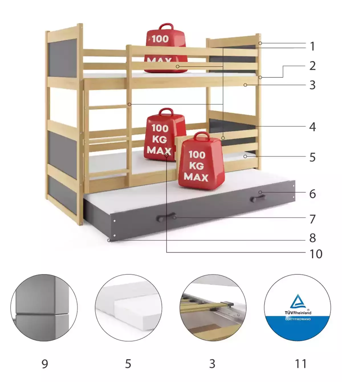 Composants pour Lit ado superposé 3 places Rico 90X190 avec matelas et tiroir, pin/gris