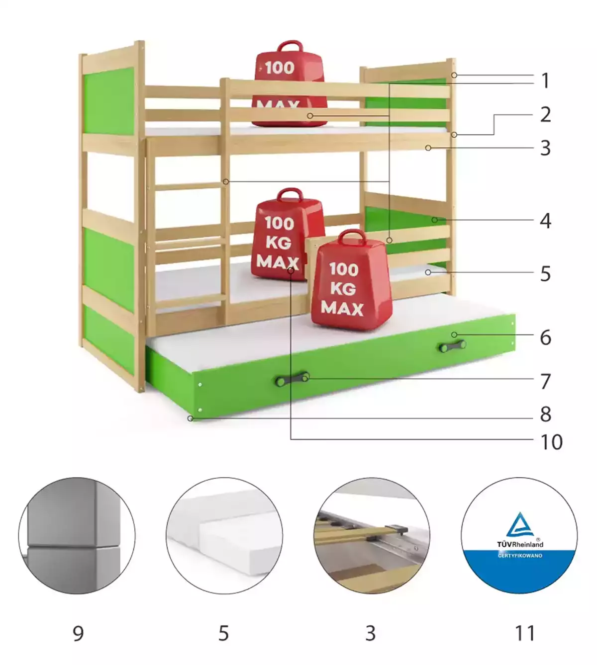 Composants pour Lit ado superposé 3 places Rico 90X190 avec matelas et tiroir, pin/vert