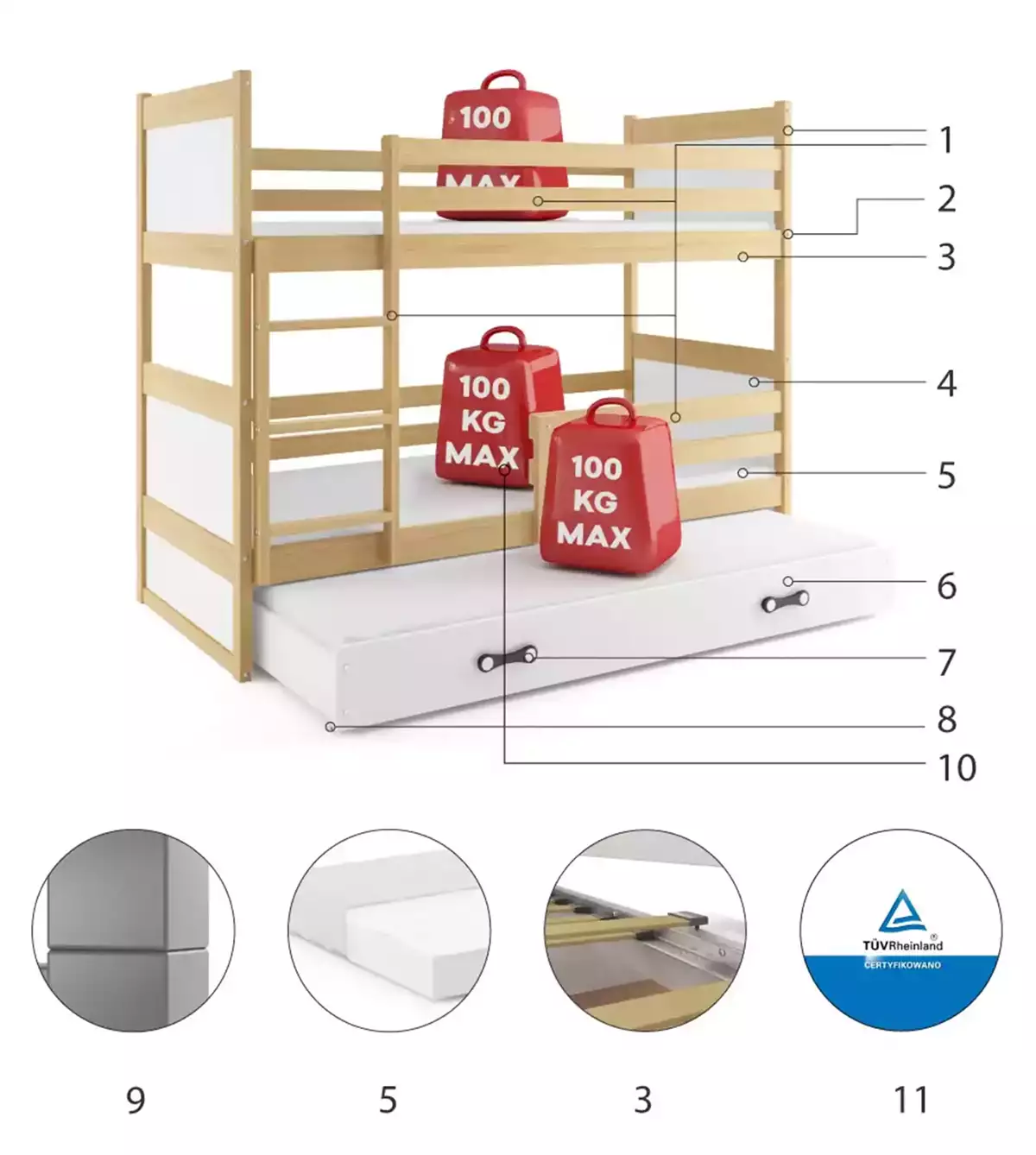 Composants pour Lit ado superposé 3 places Rico 90X190 avec tiroir, pin/blanc Composants pour Lit ado superposé 3 places Rico 90X190 avec tiroir, pin/blanc