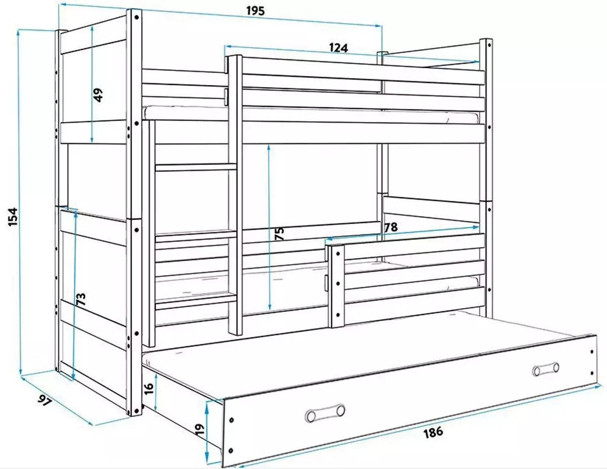 Dimensions et spécifications pour Lit ado superposé 3 places Rico 90X190 avec tiroir, pin/gris