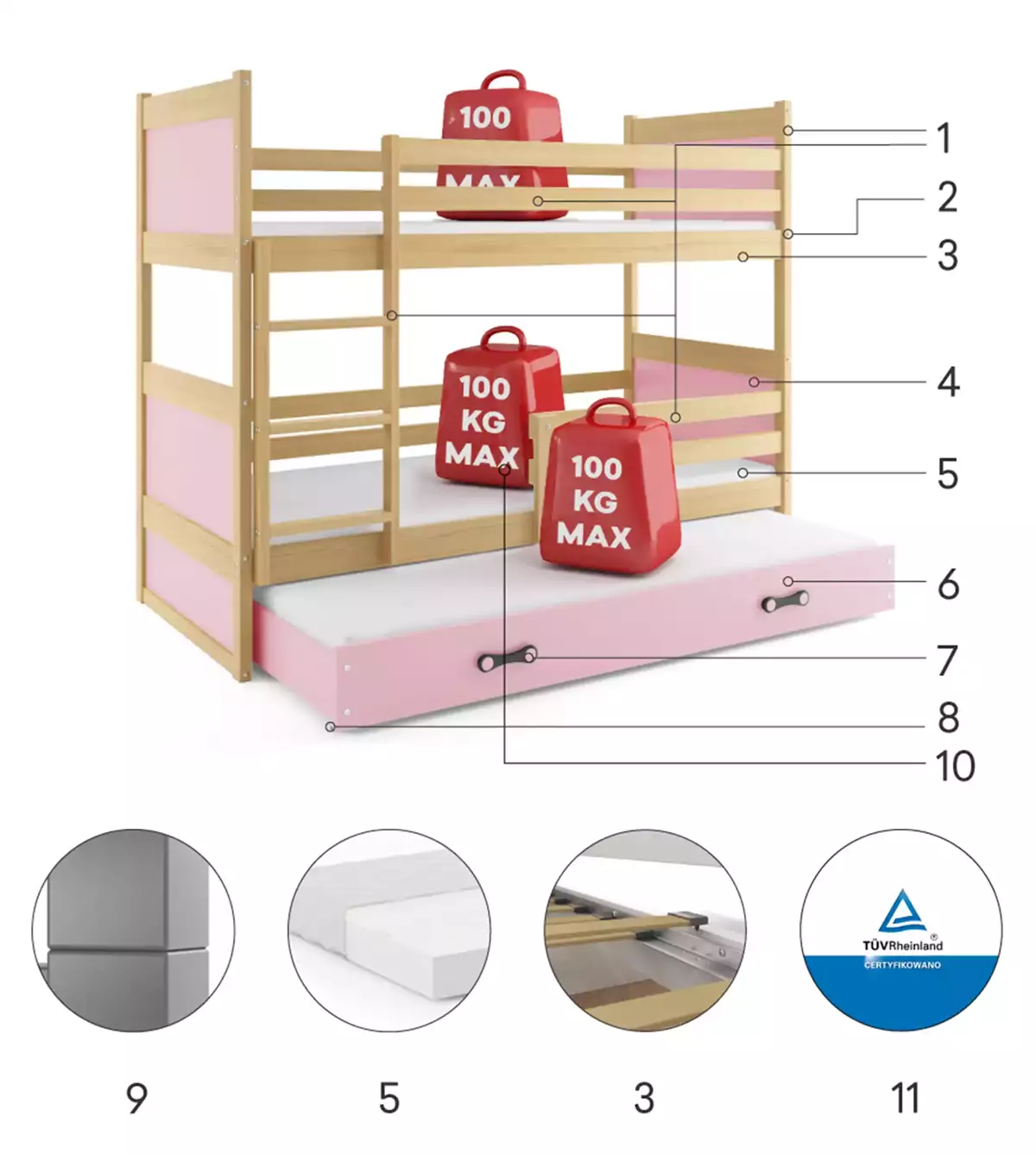 Composants pour Lit ado superposé 3 places Rico 90X190 avec tiroir, pin/rose