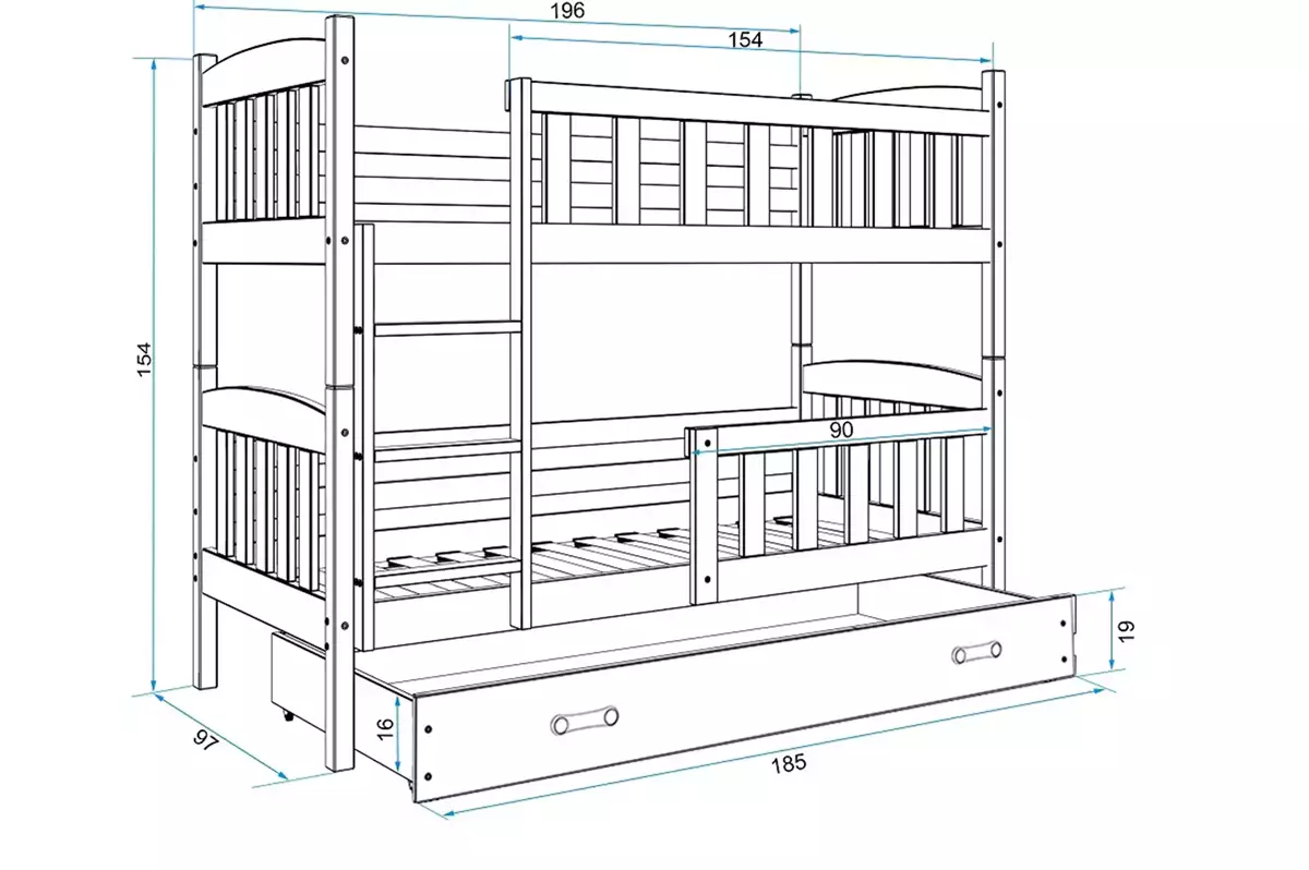 Dimensions et spécifications pour Lit ado superposé Jacquot 90X190 avec matelas et tiroir, pin/blanc