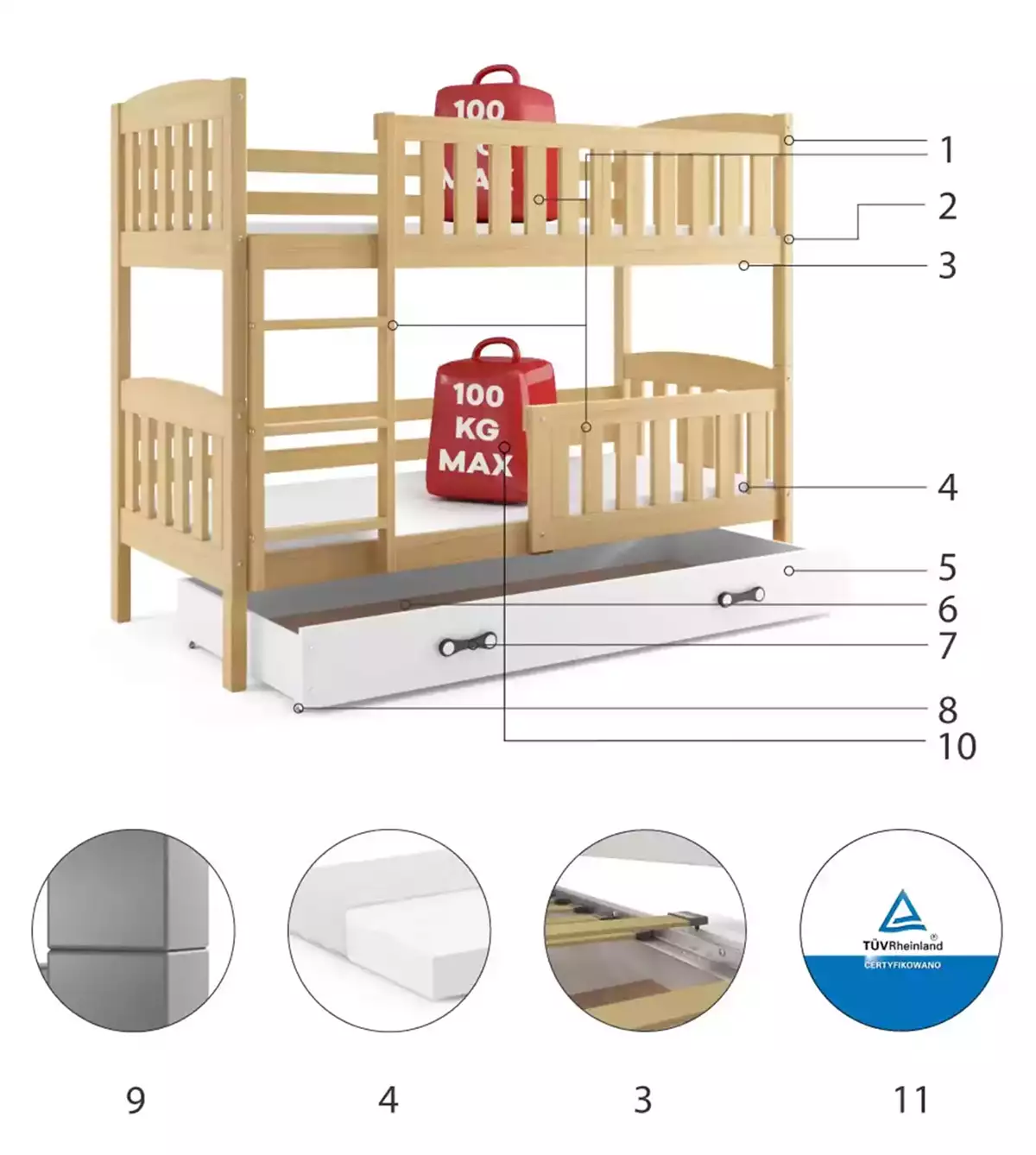 Composants pour Lit ado superposé Jacquot 90X190 avec matelas et tiroir, pin/blanc