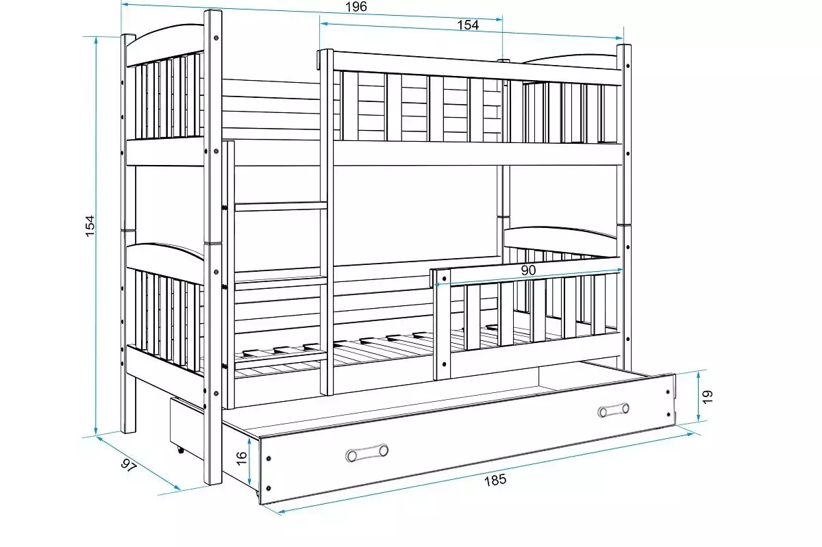 Dimensions et spécifications pour Lit ado superposé Jacquot 90X190 avec matelas et tiroir, pin/bleu