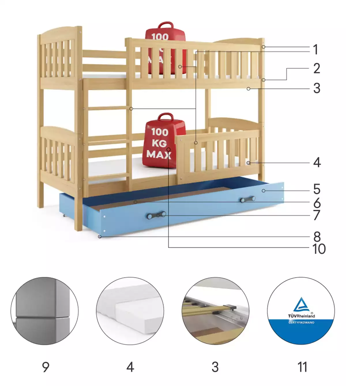 Composants pour Lit ado superposé Jacquot 90X190 avec matelas et tiroir, pin/bleu