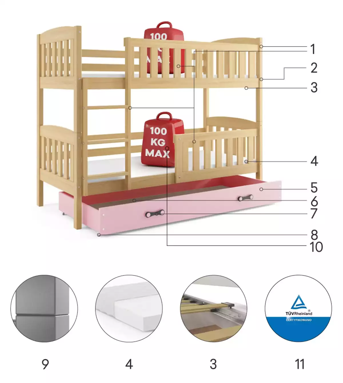 Composants pour Lit ado superposé Jacquot 90X190 avec tiroir, pin/rose Composants pour Lit ado superposé Jacquot 90X190 avec tiroir, pin/rose