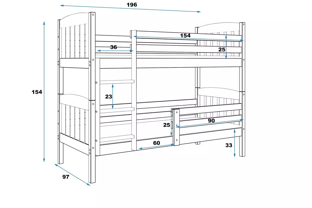 Dimensions et spécifications pour Lit ado superposé Jacquot 90X190, pin
