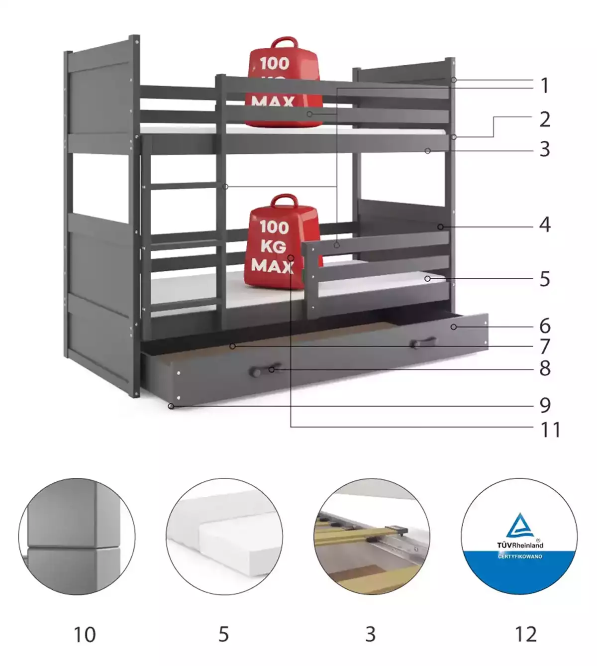 Composants pour Lit ado superposé Rico 90X190 avec matelas et tiroir, gris