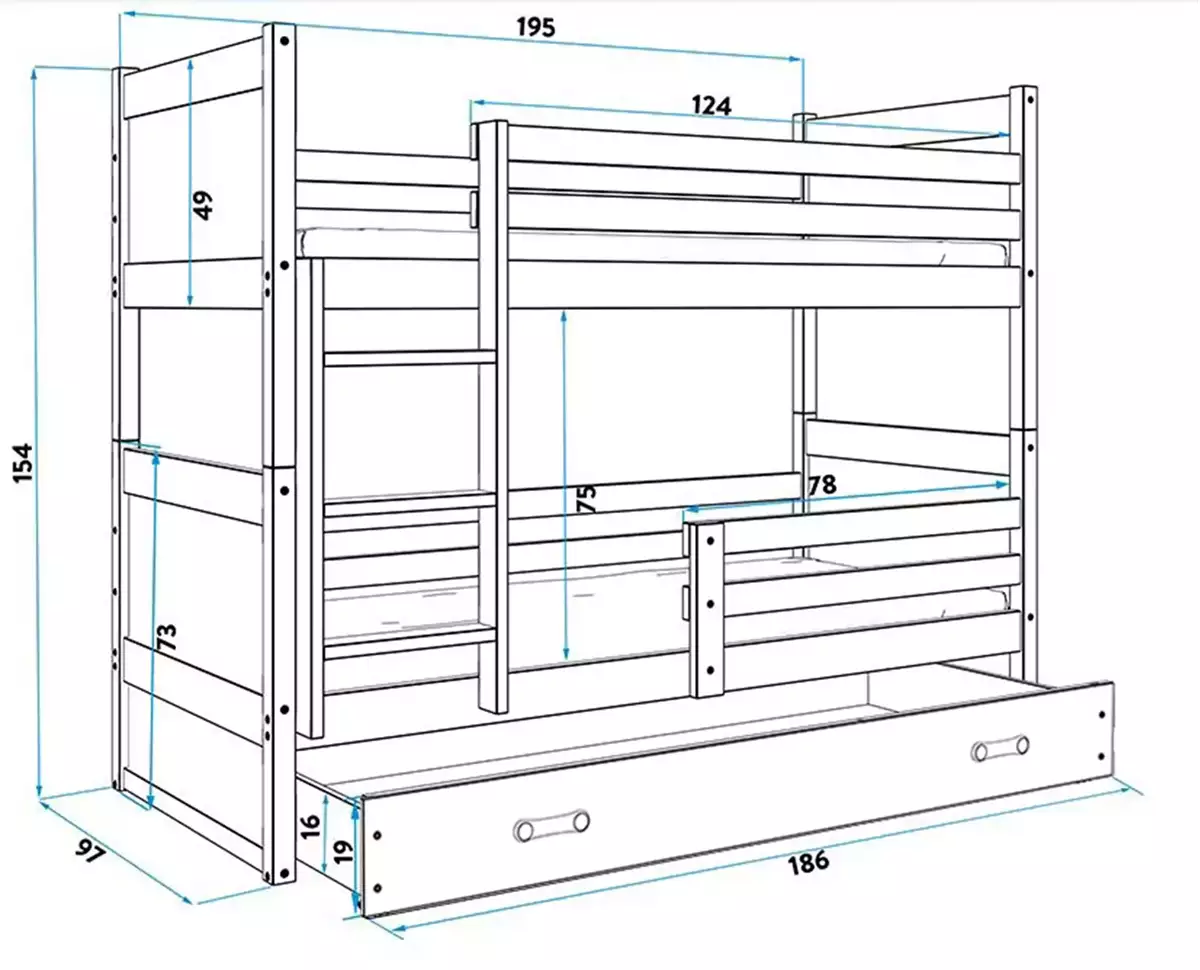 Dimensions et spécifications pour Lit ado superposé Rico 90X190 avec matelas et tiroir, gris/rose