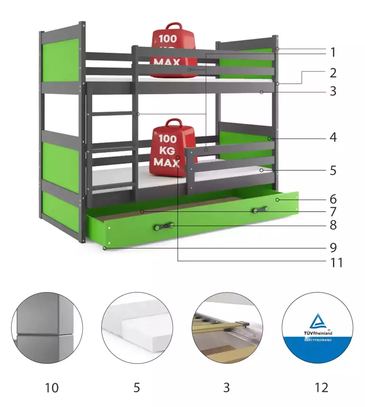 Composants pour Lit ado superposé Rico 90X190 avec matelas et tiroir, gris/vert