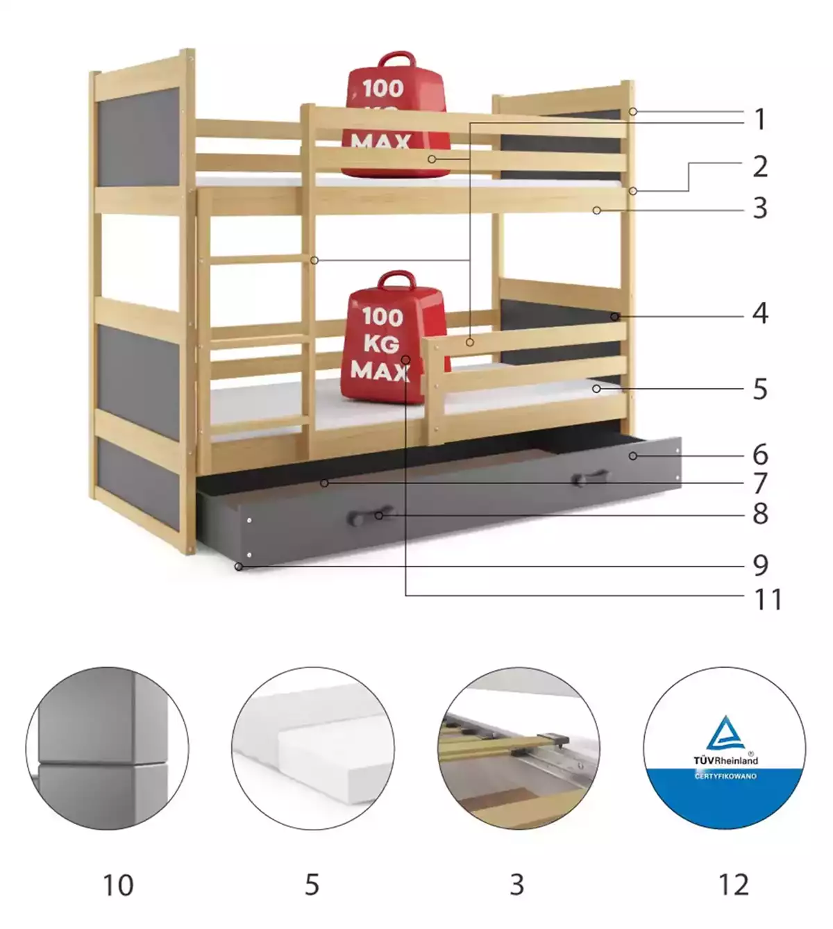 Composants pour Lit ado superposé Rico 90X190 avec matelas et tiroir, pin/gris