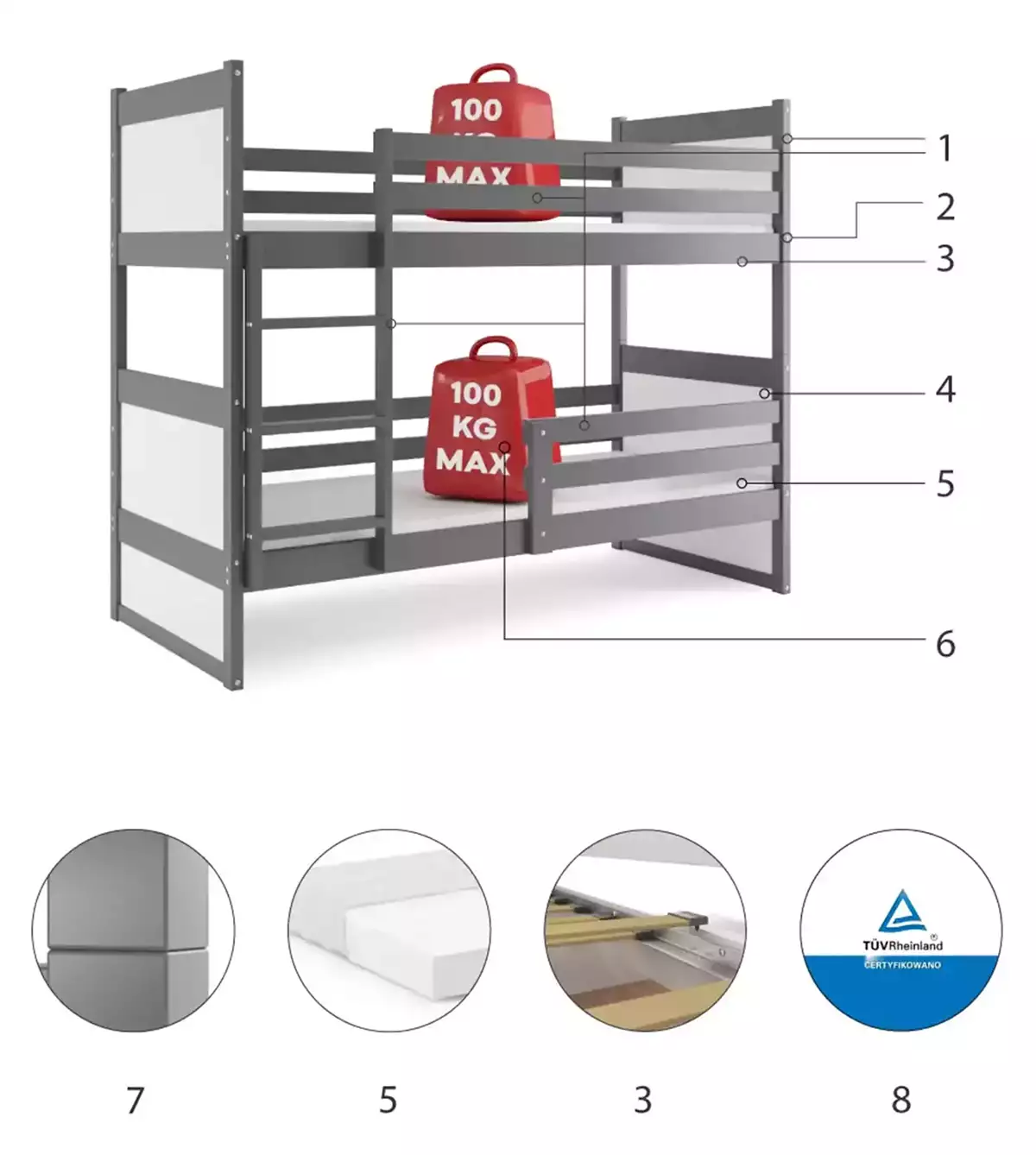 Composants pour Lit ado superposé Rico 90X190 avec matelas, gris/blanc