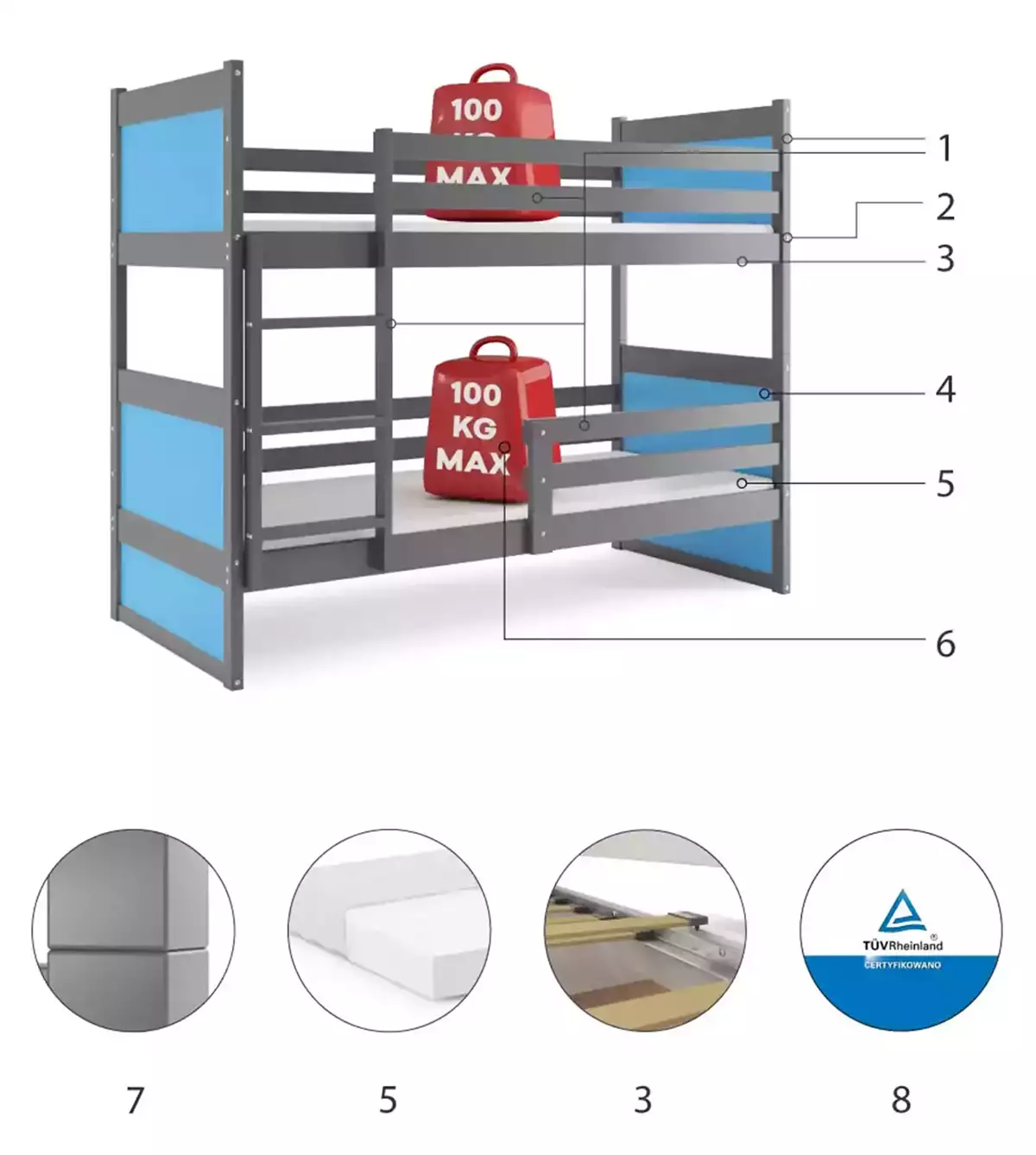 Composants pour Lit ado superposé Rico 90X190 avec matelas, gris/bleu Composants pour Lit ado superposé Rico 90X190 avec matelas, gris/bleu