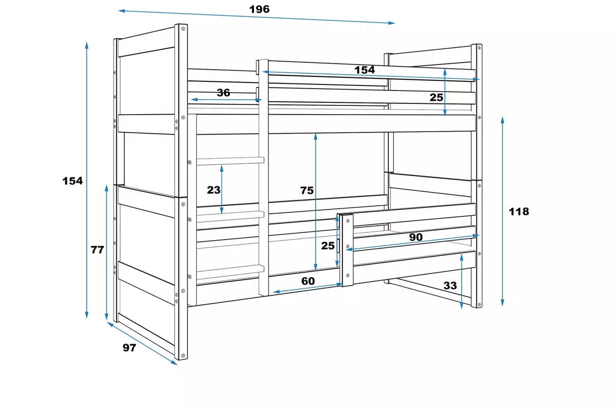 Dimensions et spécifications pour Lit ado superposé Rico 90X190 avec matelas, pin/bleu Dimensions et spécifications pour Lit ado superposé Rico 90X190 avec matelas, pin/bleu