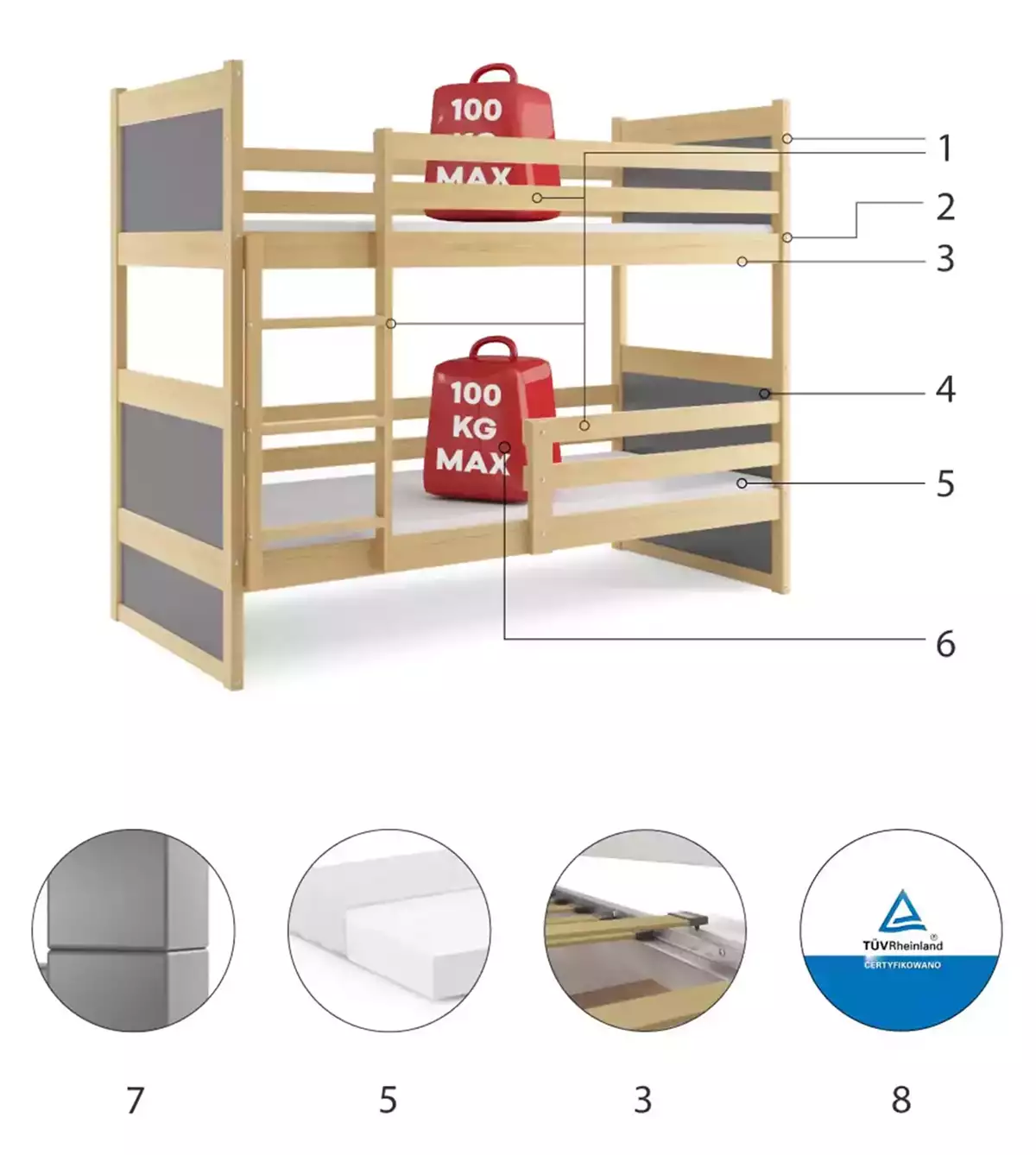 Composants pour Lit ado superposé Rico 90X190 avec matelas, pin/gris Composants pour Lit ado superposé Rico 90X190 avec matelas, pin/gris