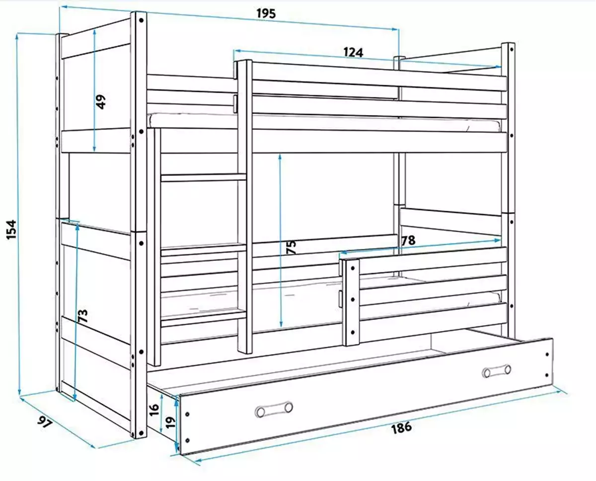 Dimensions et spécifications pour Lit ado superposé Rico 90X190 avec tiroir, gris/vert Dimensions et spécifications pour Lit ado superposé Rico 90X190 avec tiroir, gris/vert