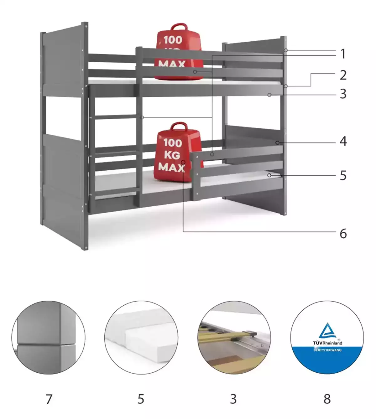 Composants pour Lit ado superposé Rico 90X190, gris